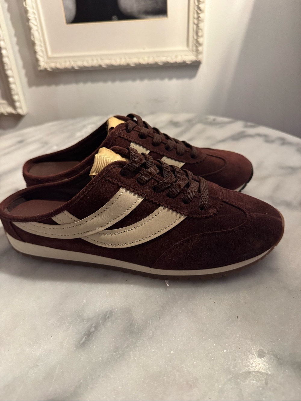 Vince women's Brown Suede Sneakers with Cream Stripes mules